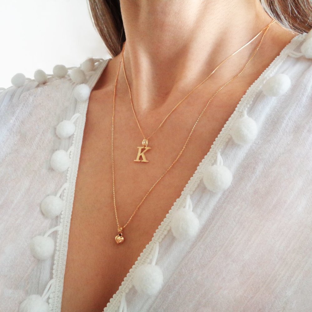 10K Solid Gold Initial Charm, A to Z Letter Pendant Necklace 18" Chain